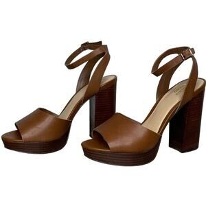 Bleecker & Bond Sienna Leather Ankle Strap Block Heel Platform Sandal Brown 7.5